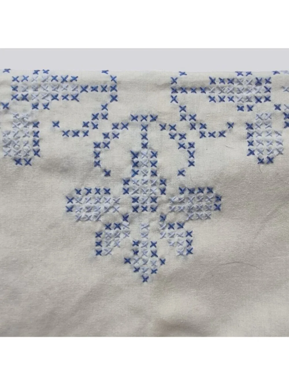 Vintage Hand Embroidered White Tablecloth Blue Cross-Stitch Heart Floral Cotton